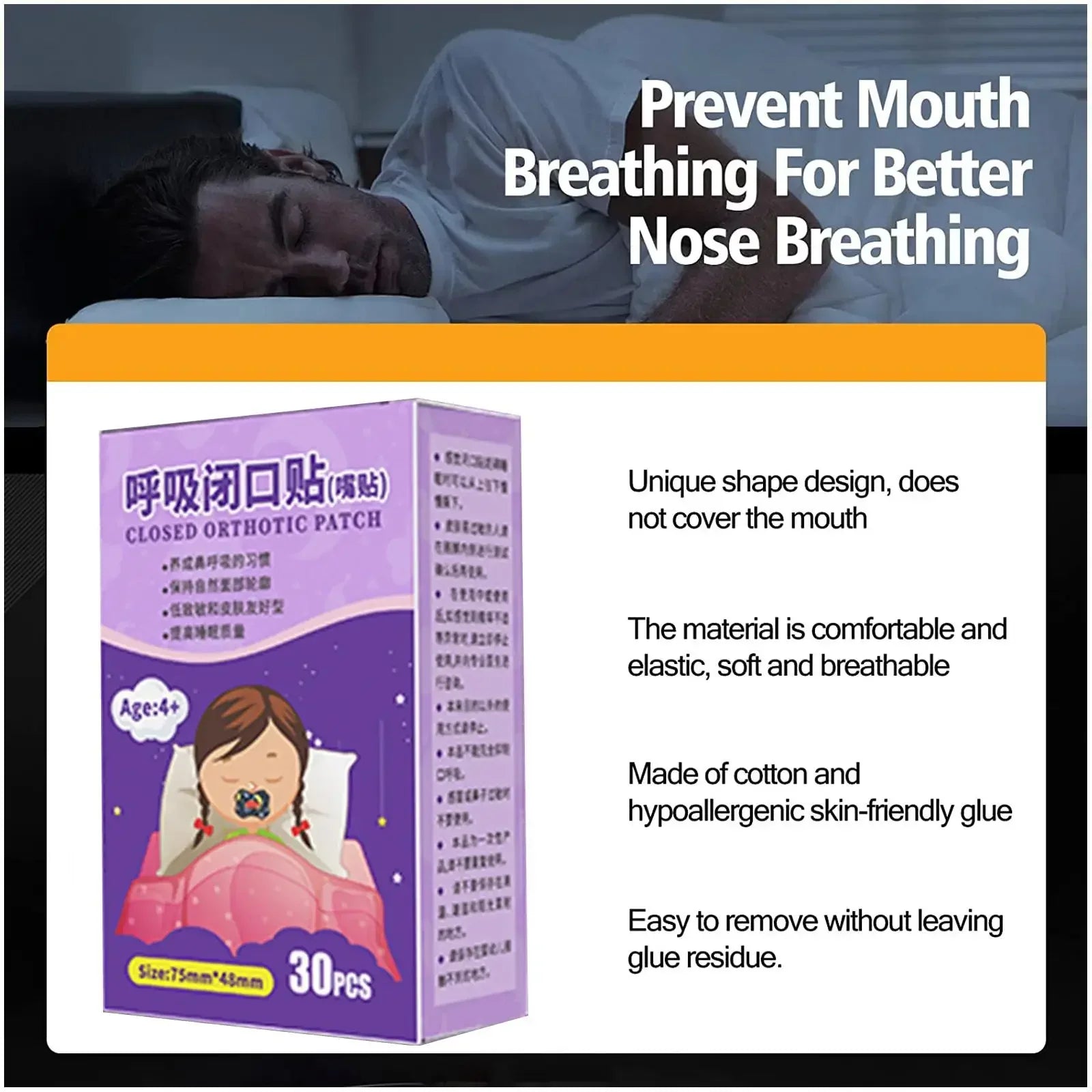 30 Stück/Box Anti-Schnarch Aufkleber für Kinder und Erwachsene - Nacht Schlaf Lippen Nasen Atem verbessern Patch Mundkorrektur Orthese Tape"