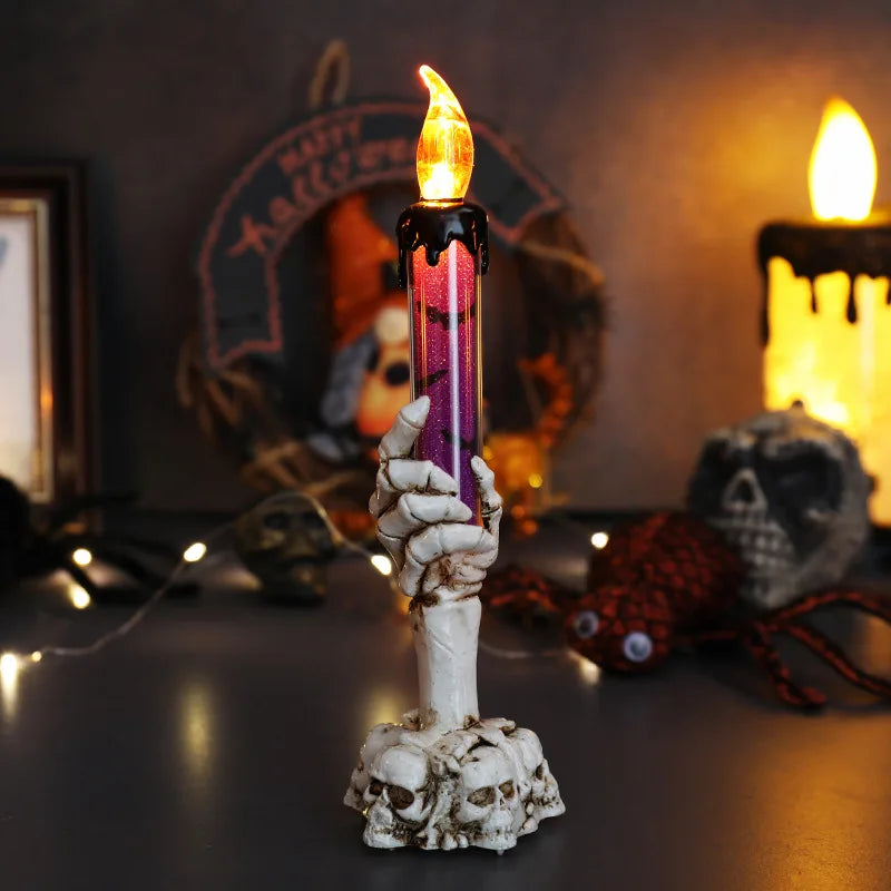 Gruselige Halloween Kerzen-Tischlampe mit Skelett Hand - Deko für Horrorfest & Geisterparty