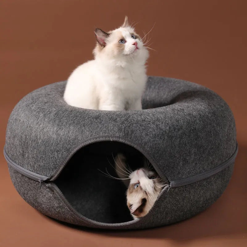 Kätzchenparadies: Donut-Katzenbett mit interaktivem Tunnel - Gemütlicher Schlafplatz und Spielzeug in Einem!